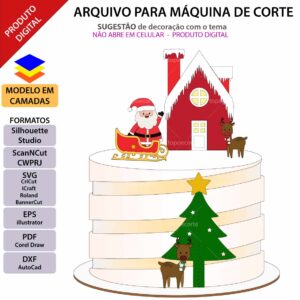 Topo de bolo Papai Noel no trenó 3D Arquivo Silhouette, Arquivo ScanNCut, Arquivo SVG, DXF, Ai, Eps, PDF