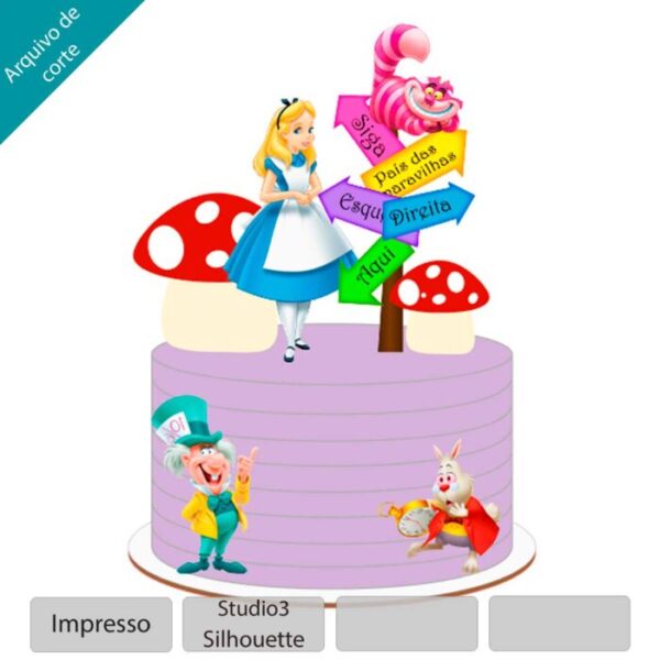 Topo de bolo Alice no País das maravilhas arquivo silhouette studio