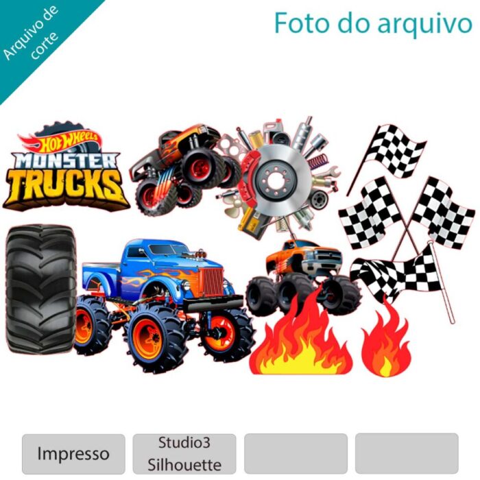 ARQUIVO de corte Topo de bolo Hot wheels monster trucks - Topo e corte