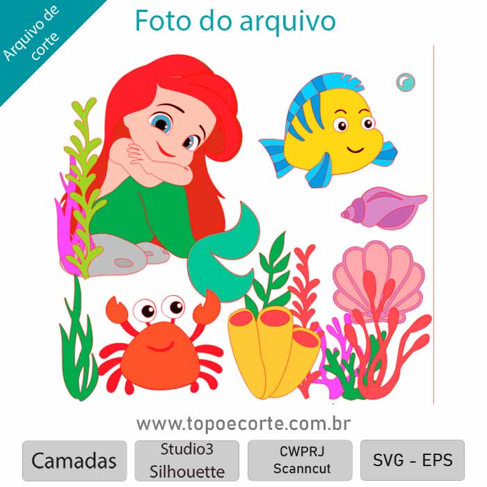 Topper de Bolo Sereia Princesa Ariel Topo Personalizado