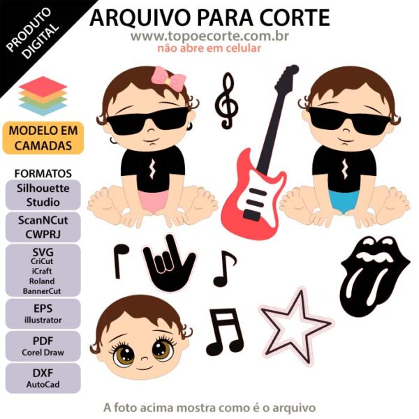 Arquivo para topo de bolo Silhouette, ScanNCut, SVG Bebê Rock Guitarra