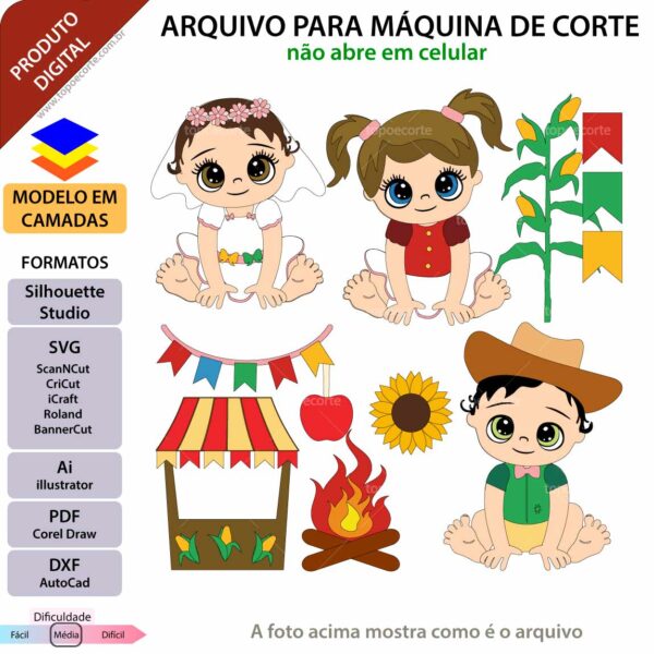 Topo de bolo Festa Junina Bebês Arquivo Silhouette, Arquivo ScanNCut, Arquivo SVG, DXF, Ai, Eps, PDF