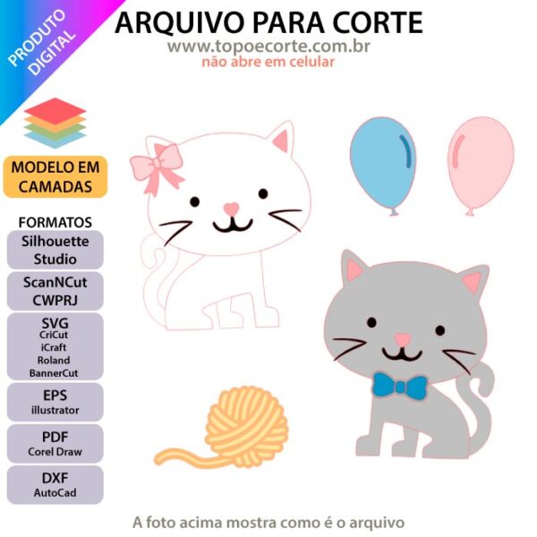 Arquivo para topo de bolo Silhouette, ScanNCut, SVG Chá revelação Gatinhos