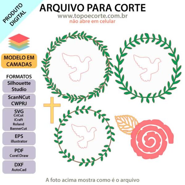 Arquivo para topo de bolo Silhouette, ScanNCut, SVG Batizado Pombinha Arco