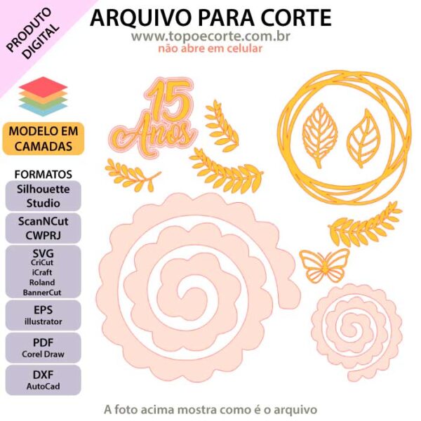 Arquivo para topo de bolo Silhouette, ScanNCut, SVG Debutante arco de flores