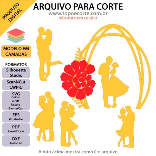 Arquivo para topo de bolo Silhouette, ScanNCut, SVG Casal com arco de flor