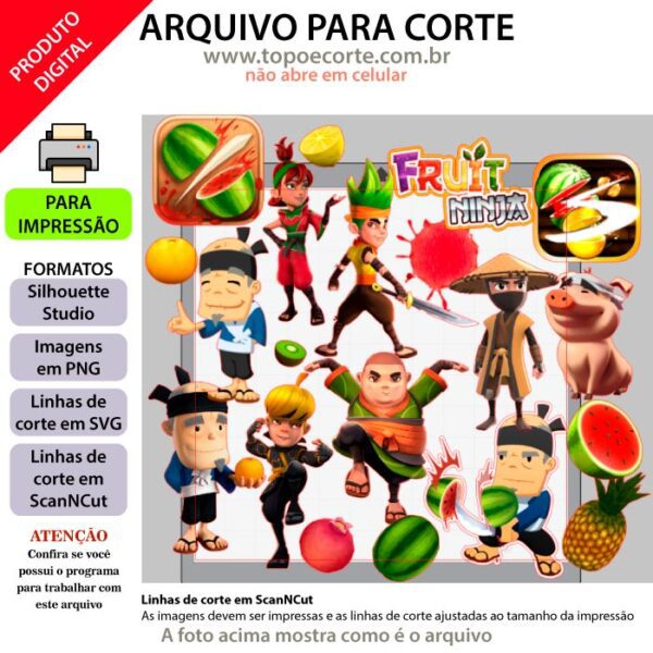 Topo de bolo Fruit Ninja arquivo silhouette studio