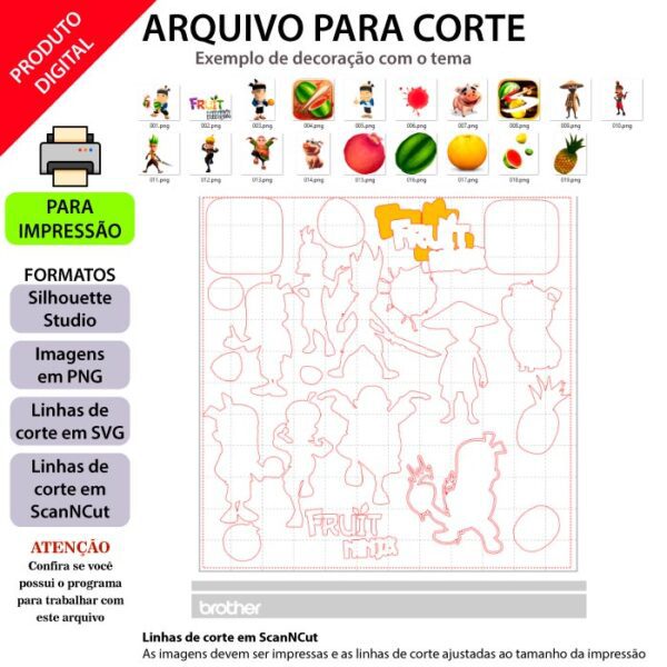Topo de bolo Fruit Ninja arquivo silhouette studio