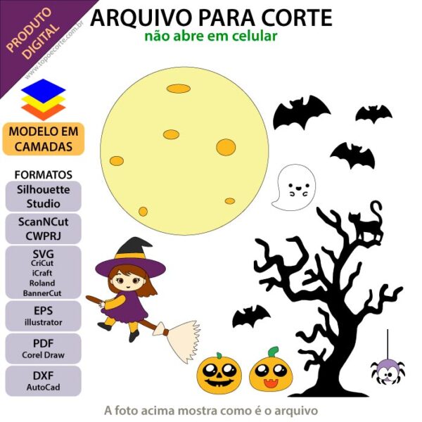 Topo de bolo Halloween Bruxinha voando Arquivo Silhouette, Arquivo ScanNCut, Arquivo SVG, DXF, Ai, Eps, PDF