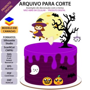 Topo de bolo Halloween Bruxinha voando Arquivo Silhouette, Arquivo ScanNCut, Arquivo SVG, DXF, Ai, Eps, PDF