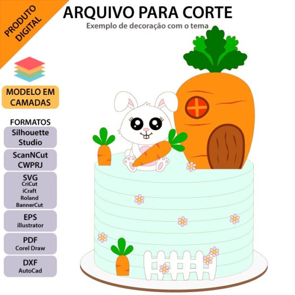 Topo de bolo Coelhinho cenourinha Arquivo Silhouette, Arquivo ScanNCut, Arquivo SVG, DXF, Ai, Eps, PDF