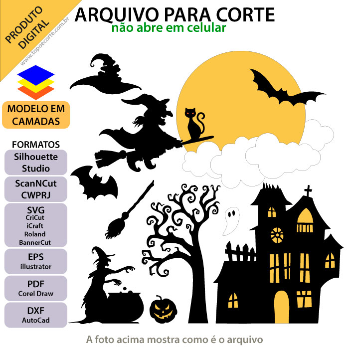 ARQUIVO Topo de bolo Halloween Bruxa Vassoura - Topo e corte