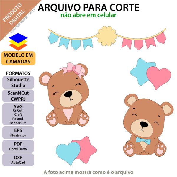 Topo de bolo Chá revelação urso bandeirinhas Arquivo Silhouette, Arquivo ScanNCut, Arquivo SVG, DXF, Ai, Eps, PDF