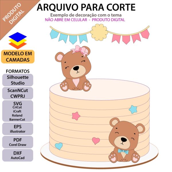 Topo de bolo Chá revelação urso bandeirinhas Arquivo Silhouette, Arquivo ScanNCut, Arquivo SVG, DXF, Ai, Eps, PDF