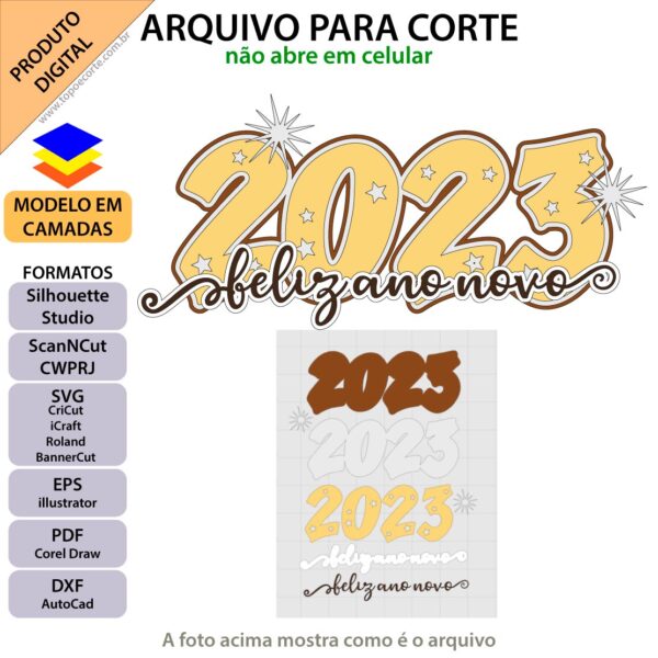 Topo de bolo Feliz Ano novo 2023 Arquivo Silhouette, Arquivo ScanNCut, Arquivo SVG, DXF, Ai, Eps, PDF