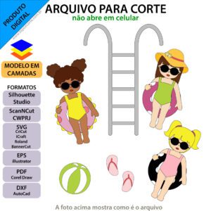 Topo de bolo Festa na piscina meninas Arquivo Silhouette, Arquivo ScanNCut, Arquivo SVG, DXF, Ai, Eps, PDF