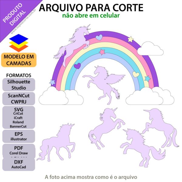 Topo de bolo Unicórnios arco-íris Arquivo Silhouette, Arquivo ScanNCut, Arquivo SVG, DXF, Ai, Eps, PDF