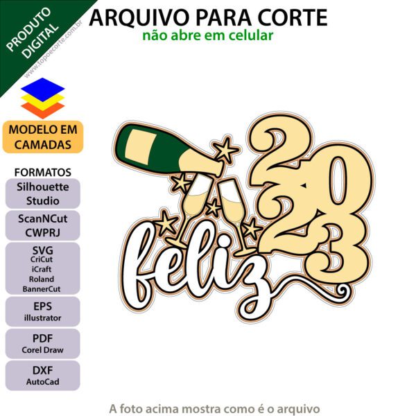 Topo de bolo Feliz 2023 Arquivo Silhouette, Arquivo ScanNCut, Arquivo SVG, DXF, Ai, Eps, PDF