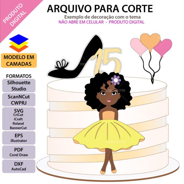 Topo de bolo Debutante Vestido Arquivo Silhouette, Arquivo ScanNCut, Arquivo SVG, DXF, Ai, Eps, PDF