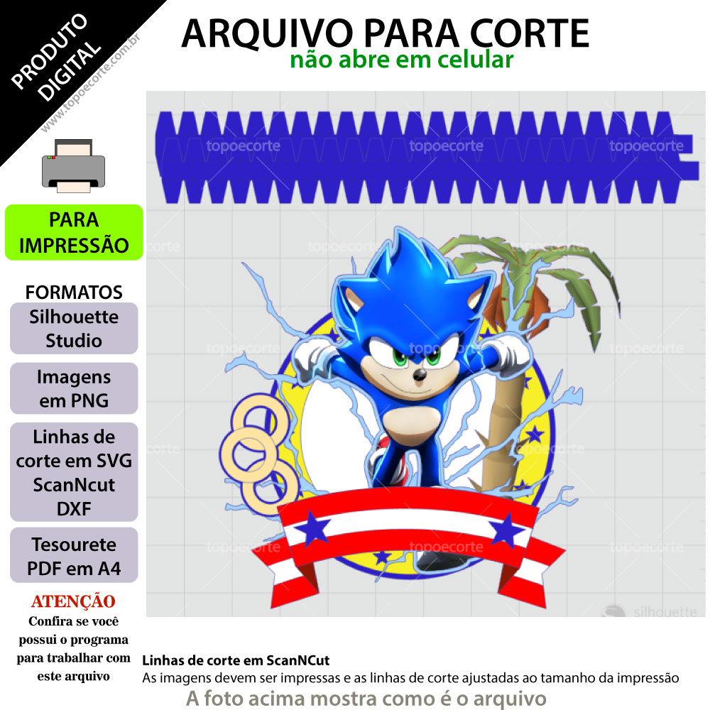 Topo de Bolo Sonic 2 Parabéns - 5 Itens