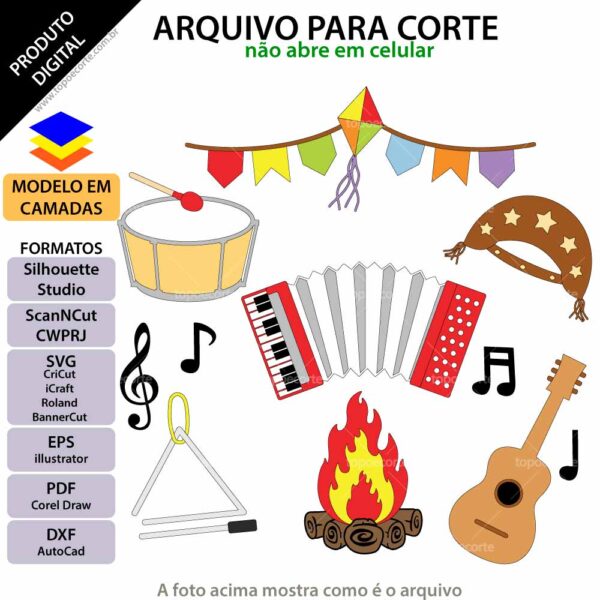 Topo de bolo Festa junina instrumentos Arquivo Silhouette, Arquivo ScanNCut, Arquivo SVG, DXF, Ai, Eps, PDF