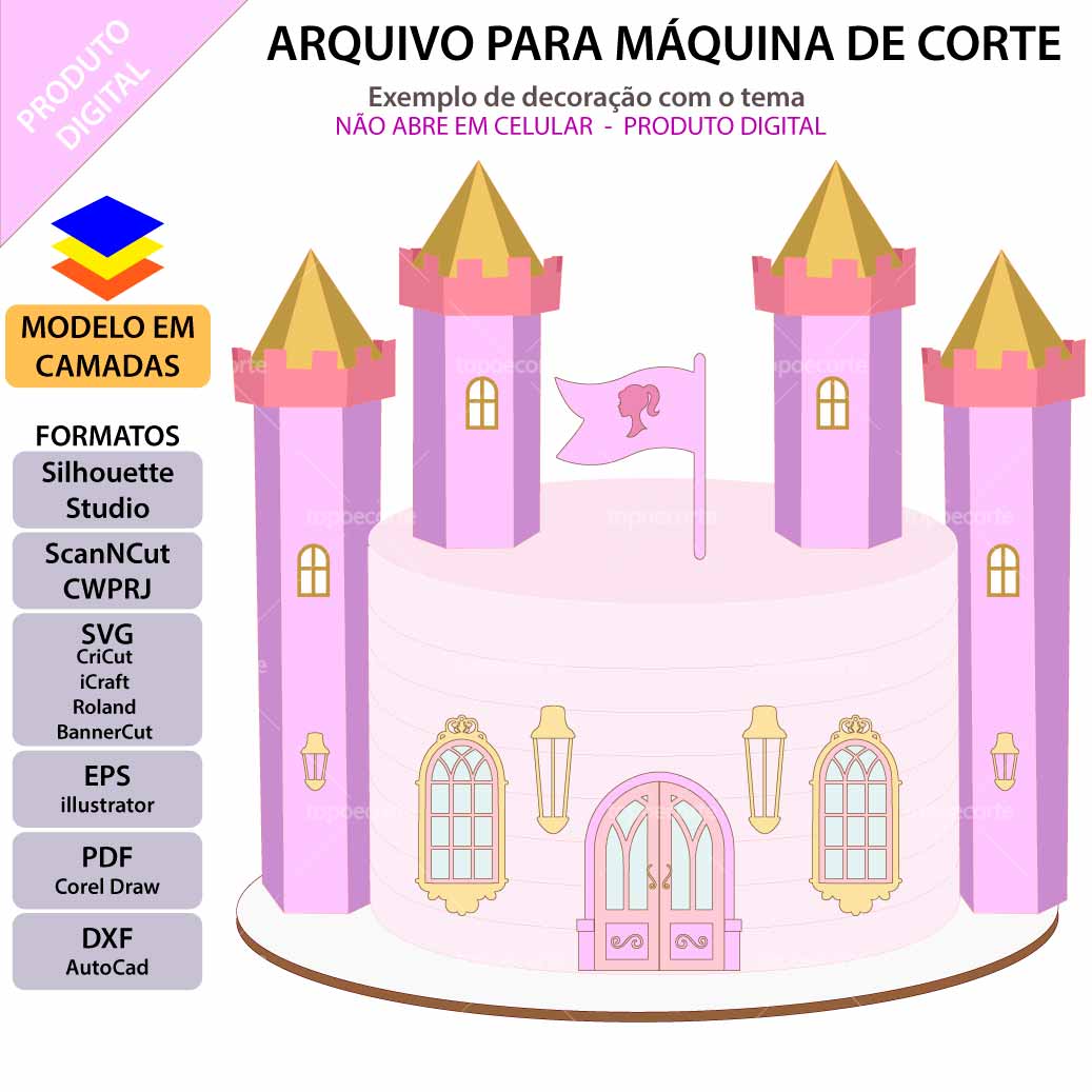 Topo de Bolo Arquivo Silhouette Barbie Princesa em Camadas