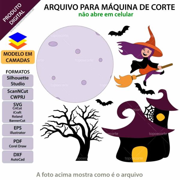 Topo de bolo Halloween Bruxa vassoura Arquivo Silhouette, Arquivo ScanNCut, Arquivo SVG, DXF, Ai, Eps, PDF