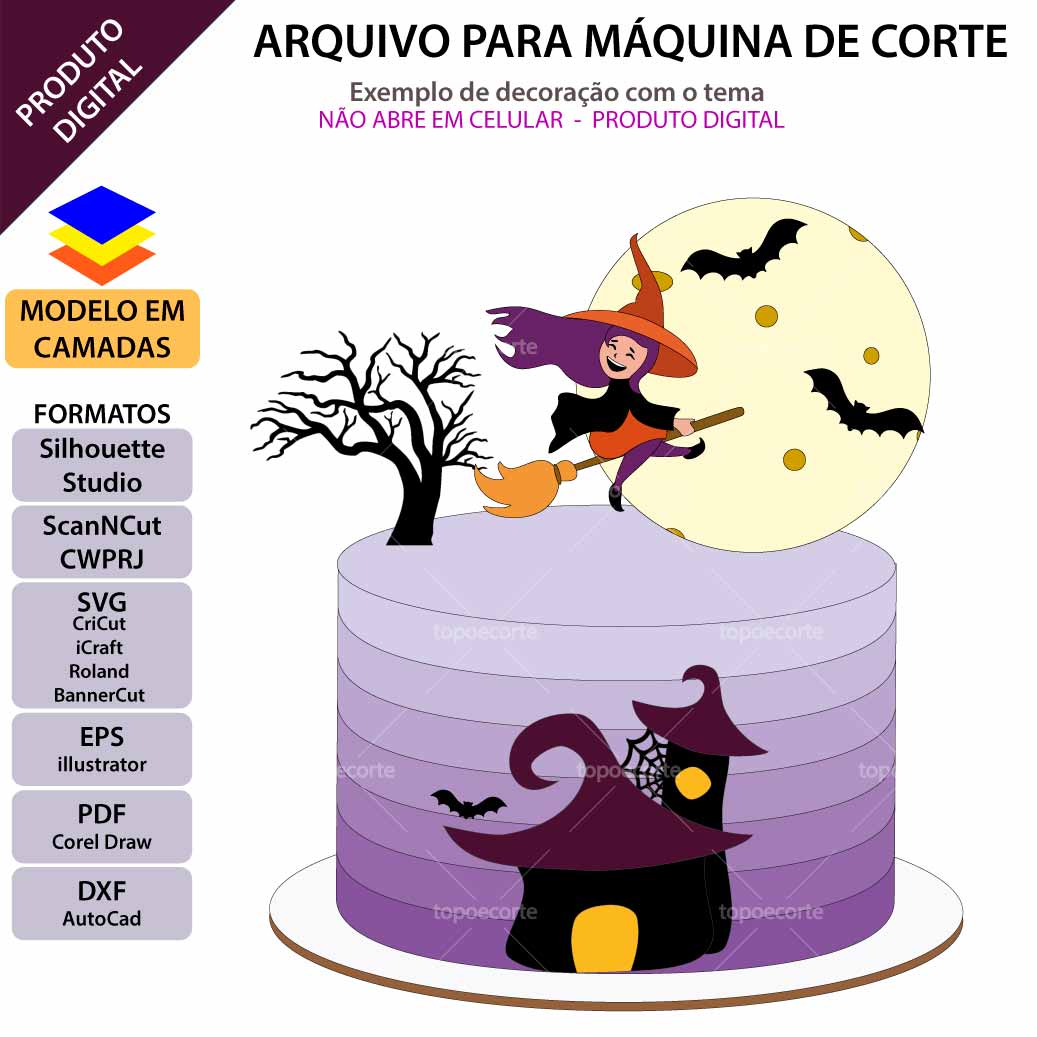ARQUIVO Topo de bolo Halloween Bruxa Vassoura - Topo e corte
