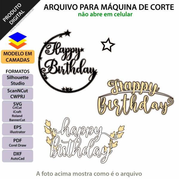 Topo de bolo Happy Birthday Folhas Arquivo Silhouette, Arquivo ScanNCut, Arquivo SVG, DXF, Ai, Eps, PDF
