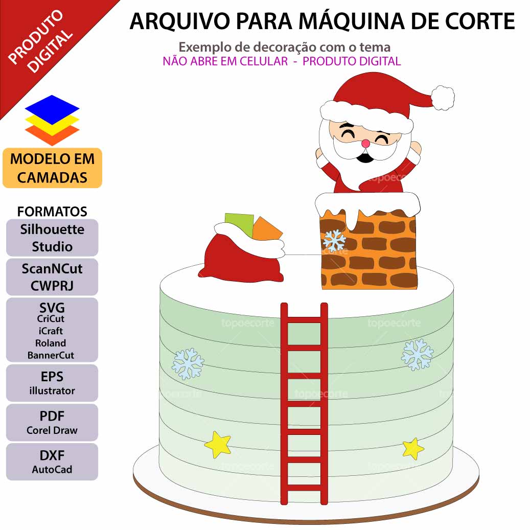 Oblee Marketplace  Arquivo Corte Topo de Bolo Natal Papai Noel na chaminé  STUDIO PDF E SVG