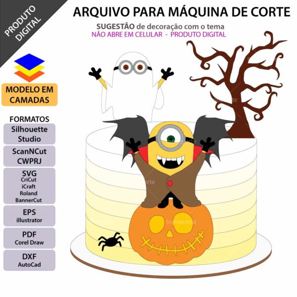 Topo de bolo Minions Halloween Arquivo Silhouette, Arquivo ScanNCut, Arquivo SVG, DXF, Ai, Eps, PDF