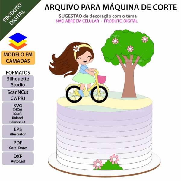 Topo de bolo Menina Bicicleta Arquivo Silhouette, Arquivo ScanNCut, Arquivo SVG, DXF, Ai, Eps, PDF