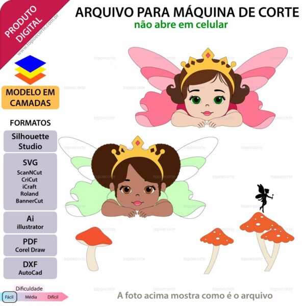 ARQUIVO Silhouette Studio para decoração de topo de bolo Bebê fadinha princesa e decoração de festas. Arquivo Scanncut, SVG, EPS, PDF e DXF.