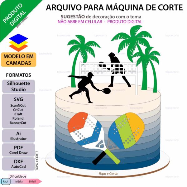 Topo de bolo Beach tênis Arquivo Silhouette, Arquivo ScanNCut, Arquivo SVG, DXF, Ai, Eps, PDF