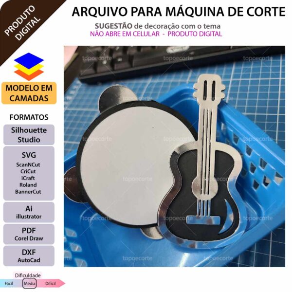 Topo de bolo Samba Pandeiro 3D Arquivo Silhouette, Arquivo ScanNCut, Arquivo SVG, DXF, Ai, Eps, PDF