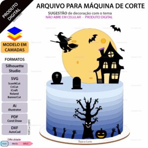 Topo de bolo Halloween Bruxa na Lua Arquivo Silhouette, Arquivo ScanNCut, Arquivo SVG, DXF, Ai, Eps, PDF