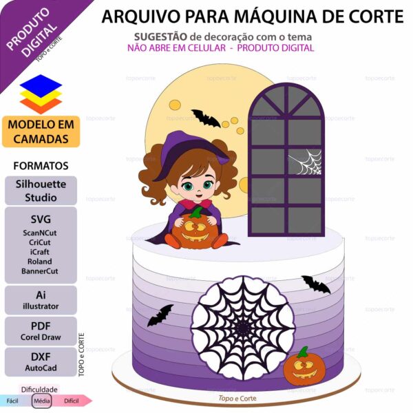 Topo de bolo Halloween Bruxinha Abóbora Arquivo Silhouette, Arquivo ScanNCut, Arquivo SVG, DXF, Ai, Eps, PDF