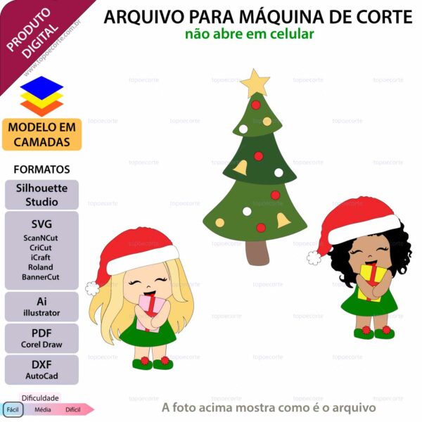 Topo de bolo Natal - Menina com presente Arquivo Silhouette, Arquivo ScanNCut, Arquivo SVG, DXF, Ai, Eps, PDF