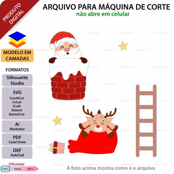 Topo de bolo Natal - Noel na Chaminé Arquivo Silhouette, Arquivo ScanNCut, Arquivo SVG, DXF, Ai, Eps, PDF