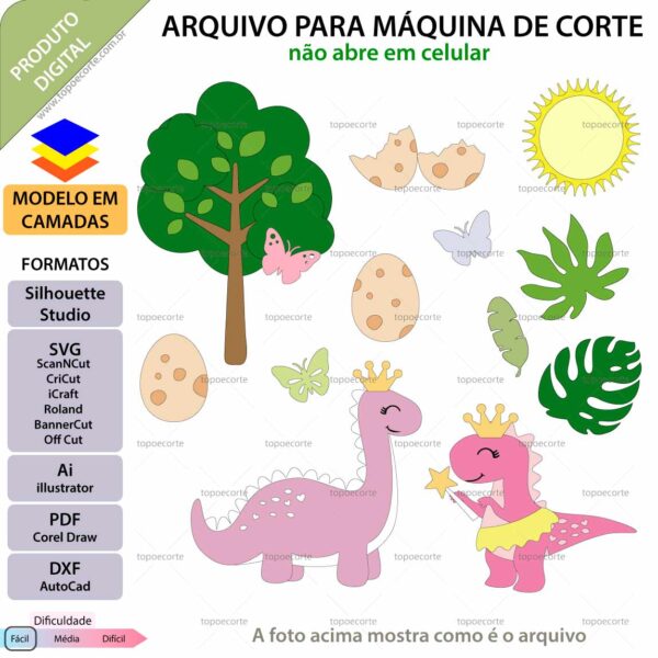 Topo de bolo Dino princesa Arquivo Silhouette, Arquivo ScanNCut, Arquivo SVG, DXF, Ai, Eps, PDF