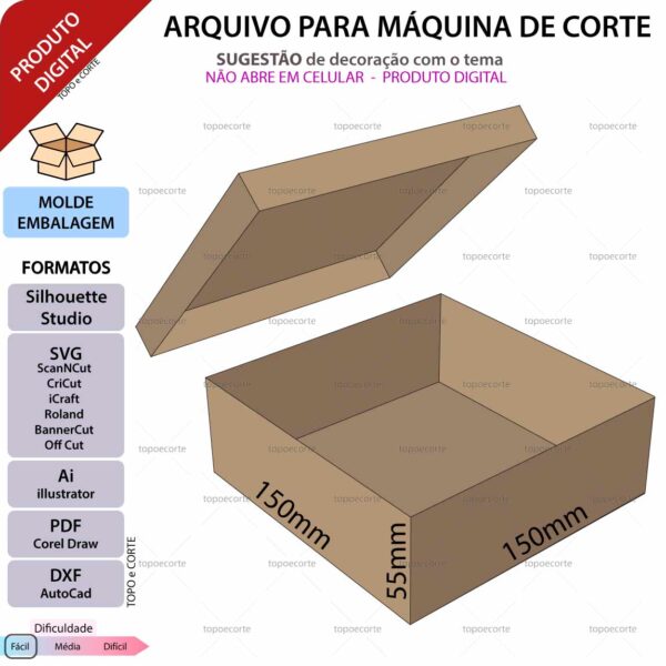 Molde de caixa 15x15x5,5 arquivo para Silhouette Studio, SVG, DXF, Cricut, Scanncut, Foison