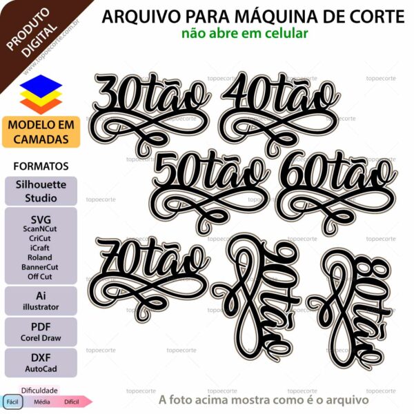 Topo de bolo 30 40 50 60 70 80 90 tão Arquivo Silhouette, Arquivo ScanNCut, Arquivo SVG, DXF, Ai, Eps, PDF