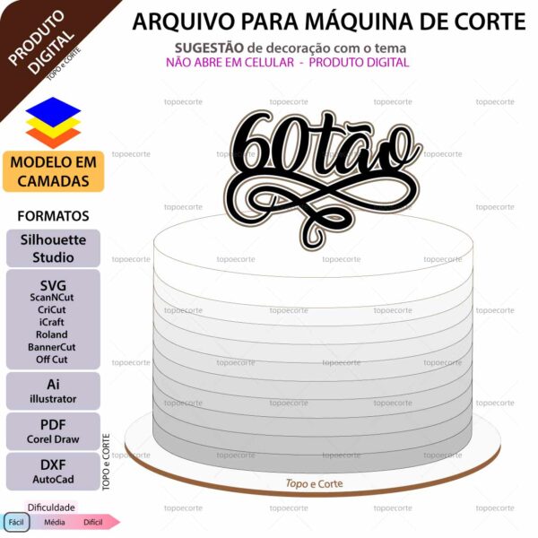 Topo de bolo 30 40 50 60 70 80 90 tão Arquivo Silhouette, Arquivo ScanNCut, Arquivo SVG, DXF, Ai, Eps, PDF
