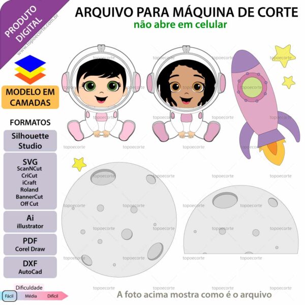 Topo de bolo Astronauta Menina Arquivo Silhouette, Arquivo ScanNCut, Arquivo SVG, DXF, Ai, Eps, PDF