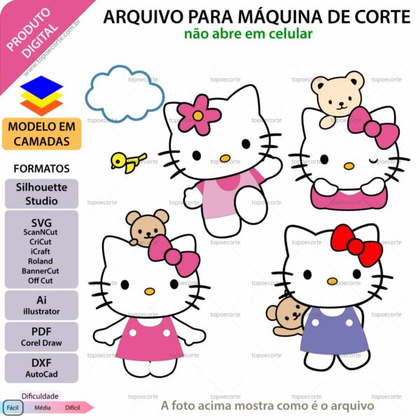 Topo de bolo Inspirado na Hello Kitty Arquivo Silhouette, Arquivo ScanNCut, Arquivo SVG, DXF, Ai, Eps, PDF
