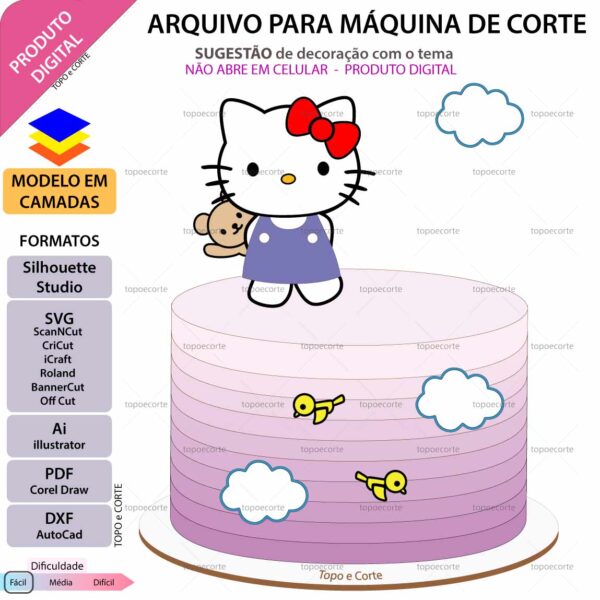 Topo de bolo Inspirado na Hello Kitty Arquivo Silhouette, Arquivo ScanNCut, Arquivo SVG, DXF, Ai, Eps, PDF
