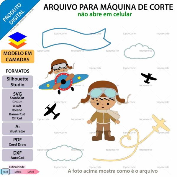 Topo de bolo Menino Piloto Arquivo Silhouette, Arquivo ScanNCut, Arquivo SVG, DXF, Ai, Eps, PDF