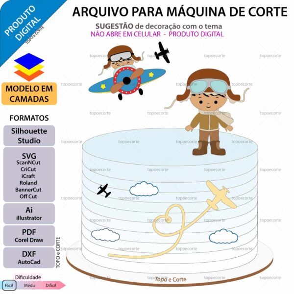 Topo de bolo Menino Piloto Arquivo Silhouette, Arquivo ScanNCut, Arquivo SVG, DXF, Ai, Eps, PDF