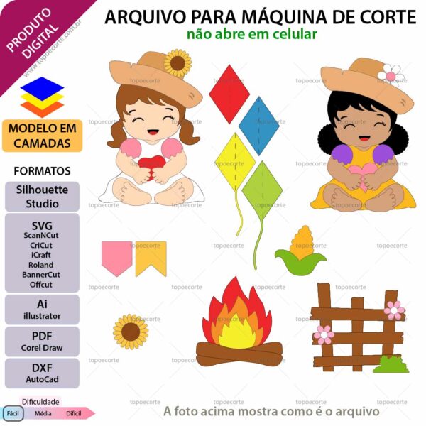Topo de bolo Festa Junina Menina Vestido Arquivo Silhouette, Arquivo ScanNCut, Arquivo SVG, DXF, Ai, Eps, PDF