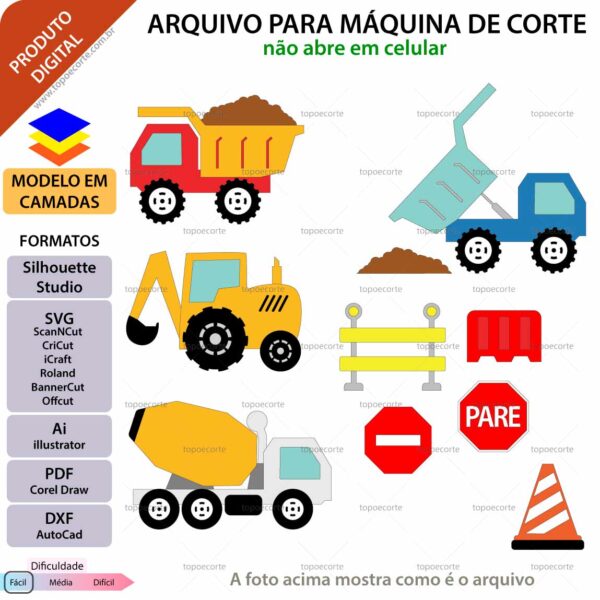Topo de bolo Caminhões obra Arquivo Silhouette, Arquivo ScanNCut, Arquivo SVG, DXF, Ai, Eps, PDF